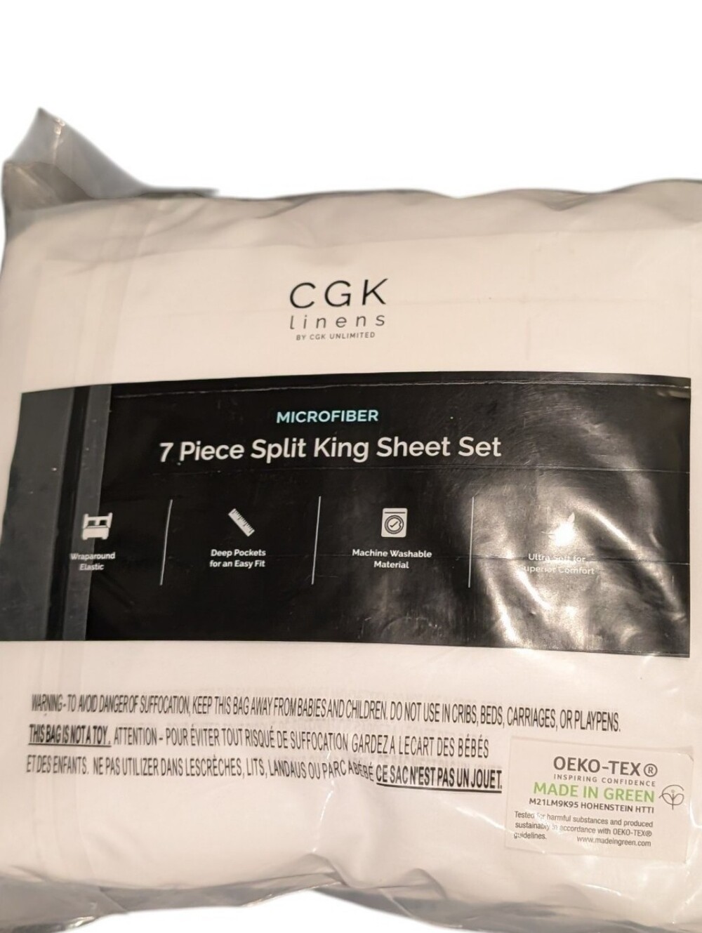 CGK Linens 7 Piece Split King Sheet Set - White (New in Package)